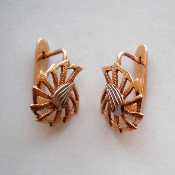 Russian USSR 14K 585 Two Tone Rose Pink White Gold Spider Web Filigree EARRINGS - Picture 4 of 6